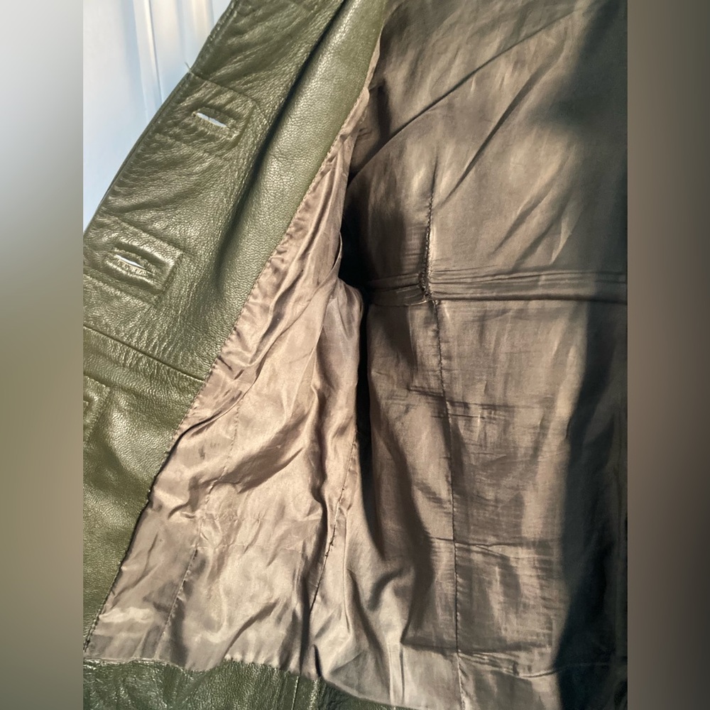 Olive Leather Jacket with Button Detailing - image 4